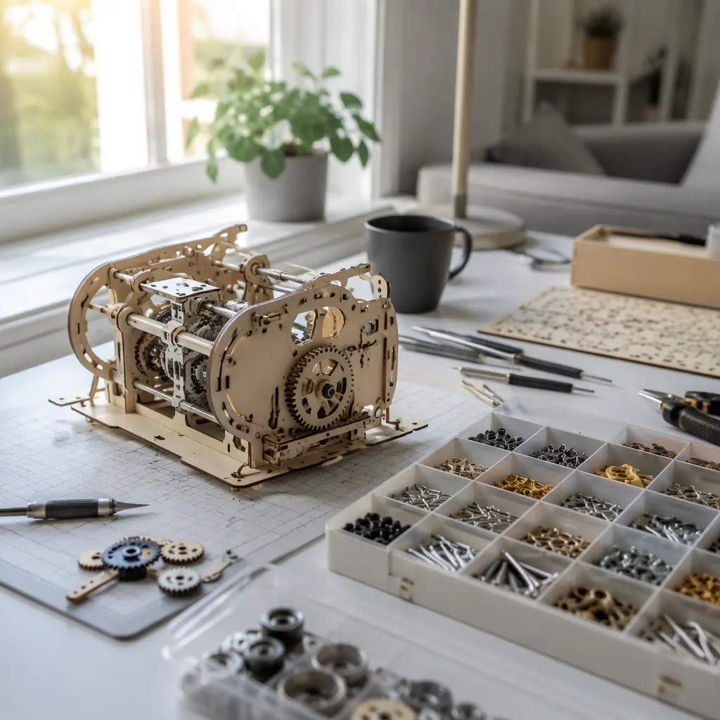 Partially assembled engineering model with tools and organized parts on a desk