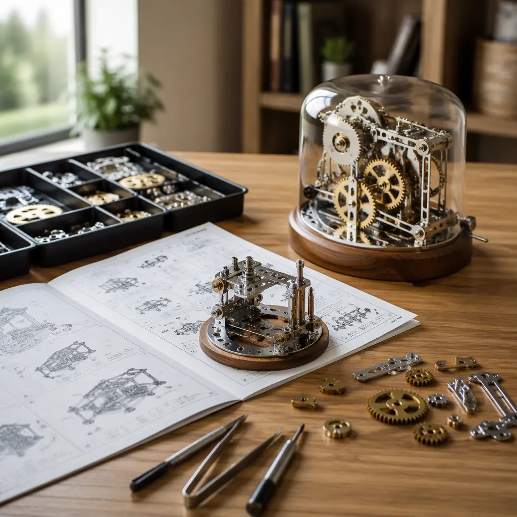 Mechanical building kit with gears and tools on a desk in natural light