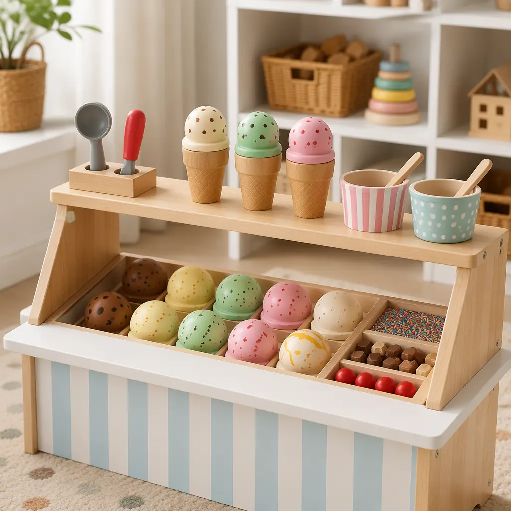 Wooden pretend dessert counter with toy scoops and cones in a family playroom