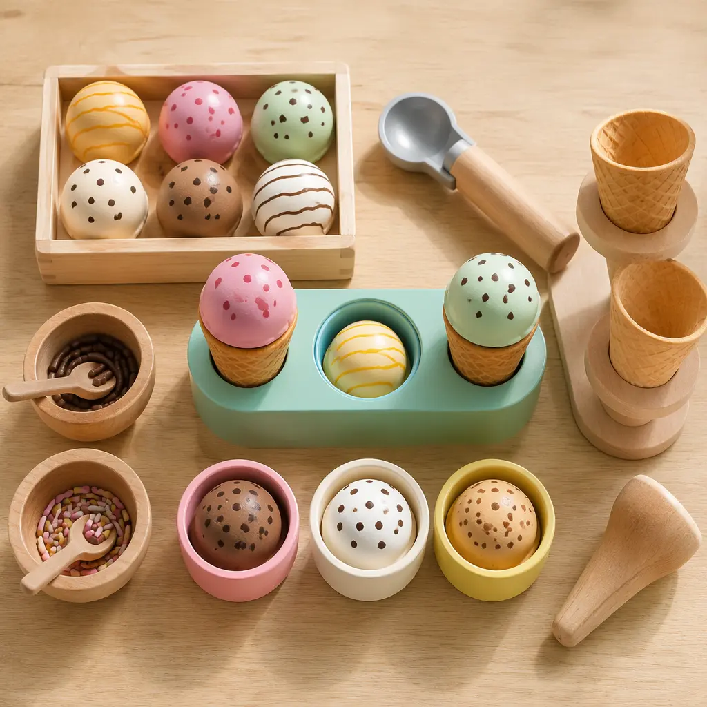 Overhead arrangement of wooden pretend ice cream accessories and scoops