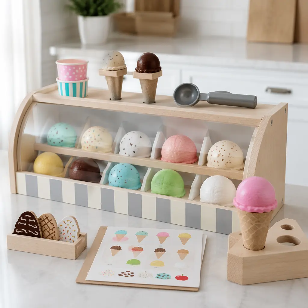 Wooden pretend ice cream counter play set with colorful scoops and accessories on a table