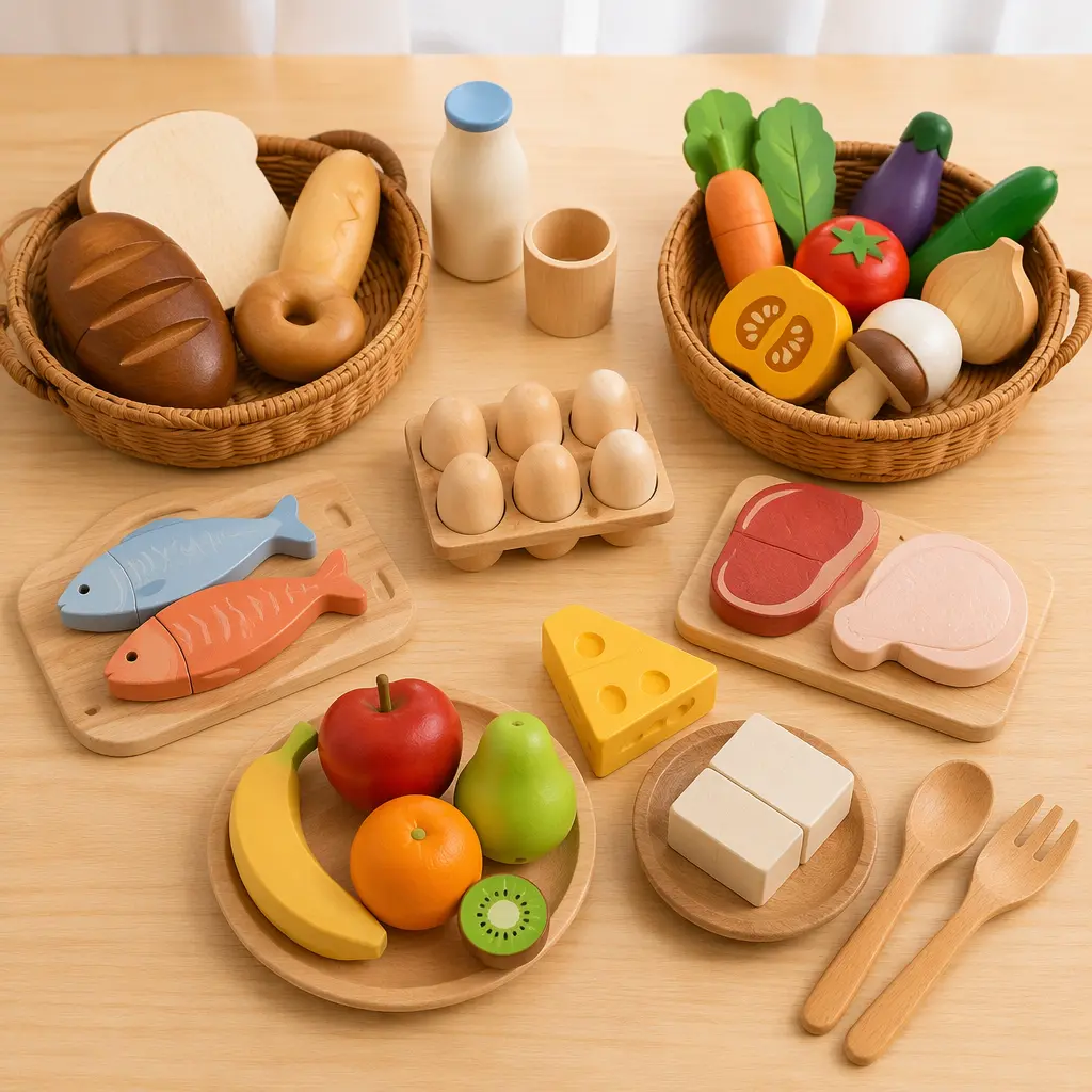 Assorted wooden pretend foods organized by food category on a table