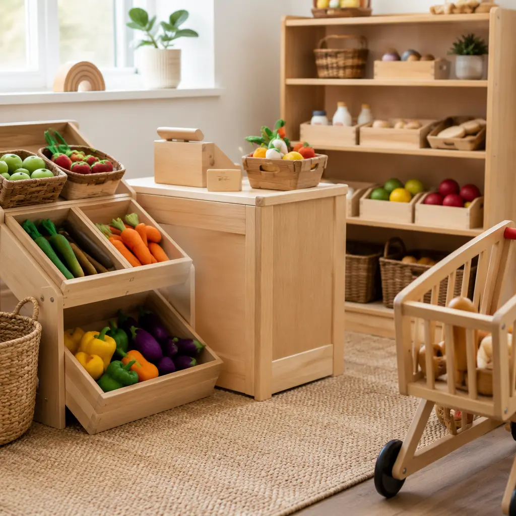 Wooden pretend grocery toys arranged in a playroom market scene