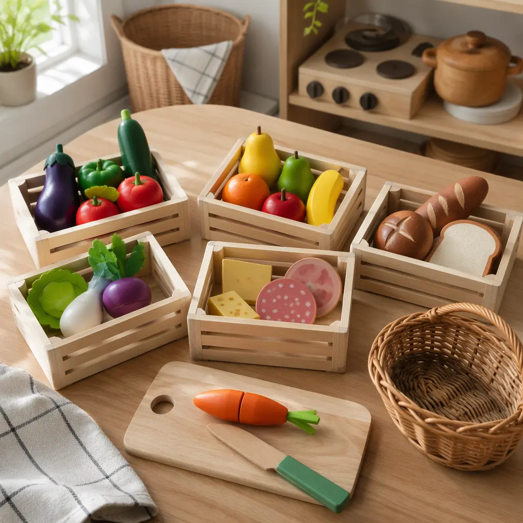 Wooden toy food grouped by category in a pretend kitchen setup
