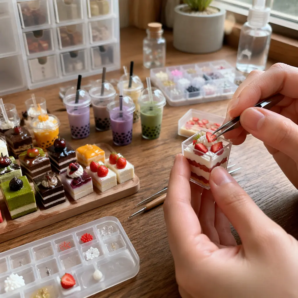 Tiny resin dessert craft pieces being assembled on a tabletop