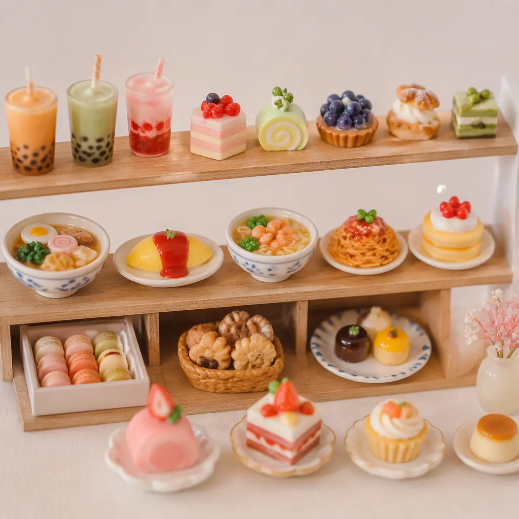 Display shelf filled with tiny handcrafted resin food miniatures