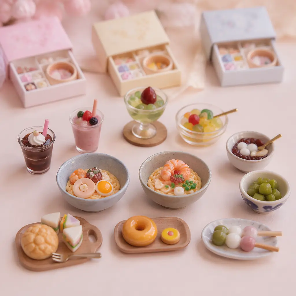 Miniature resin food craft kits arranged on a pastel tabletop in a studio setting