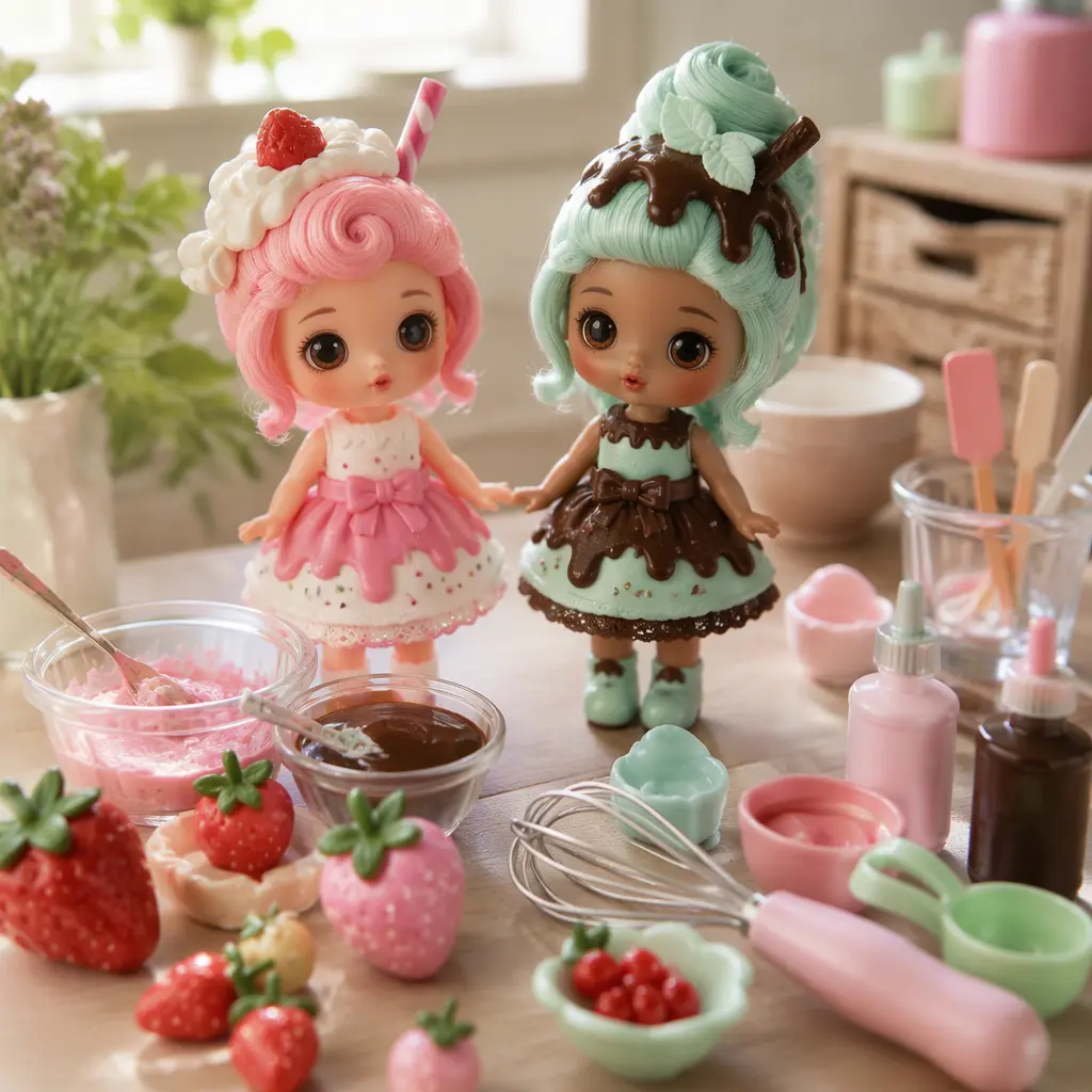 Collectible dessert-themed dolls with miniature mixing accessories in soft natural light