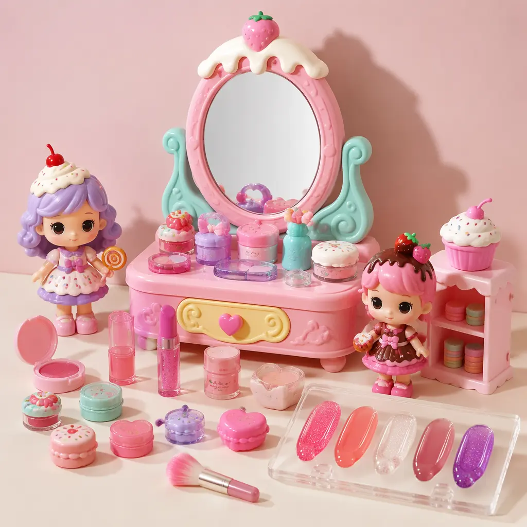 Dessert-themed dolls displayed beside colorful toy beauty accessories and mixing items