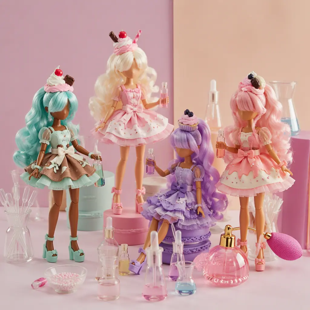 Dessert-inspired fashion dolls with scent-mixing accessories on a pastel tabletop