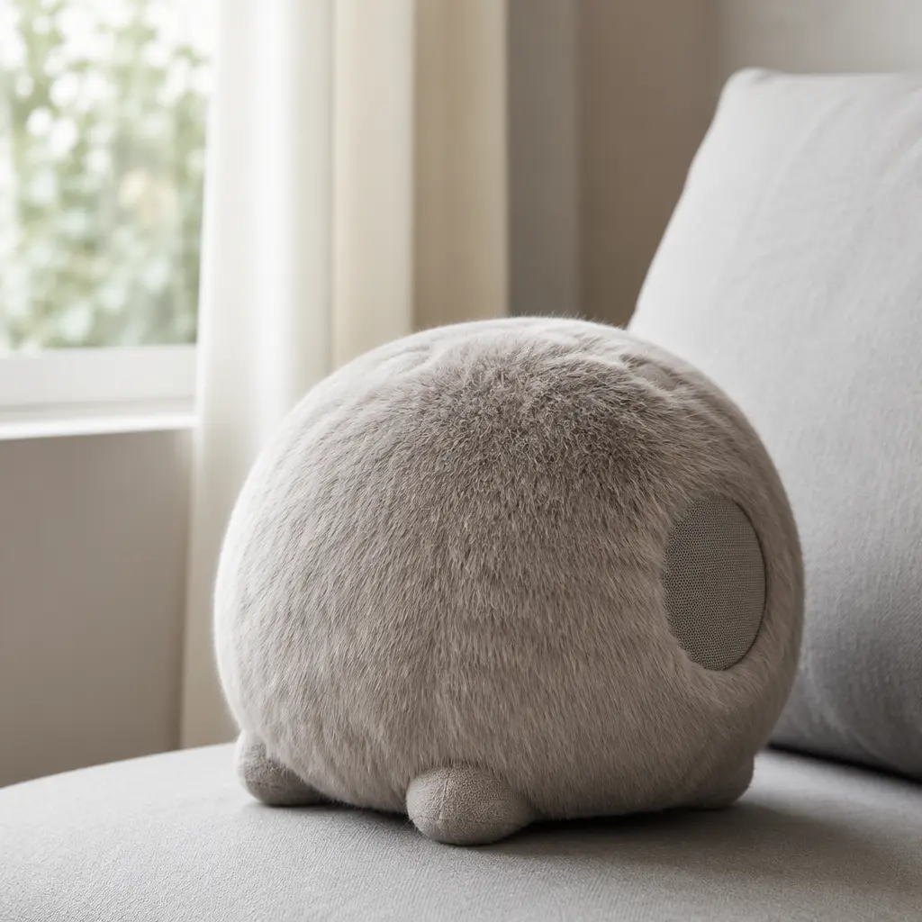 A furry interactive companion plush sitting on a couch in soft window light.
