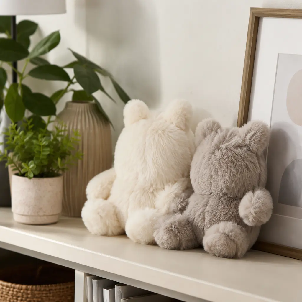 Two furry AI companion plush toys displayed on a shelf in a modern home setting.