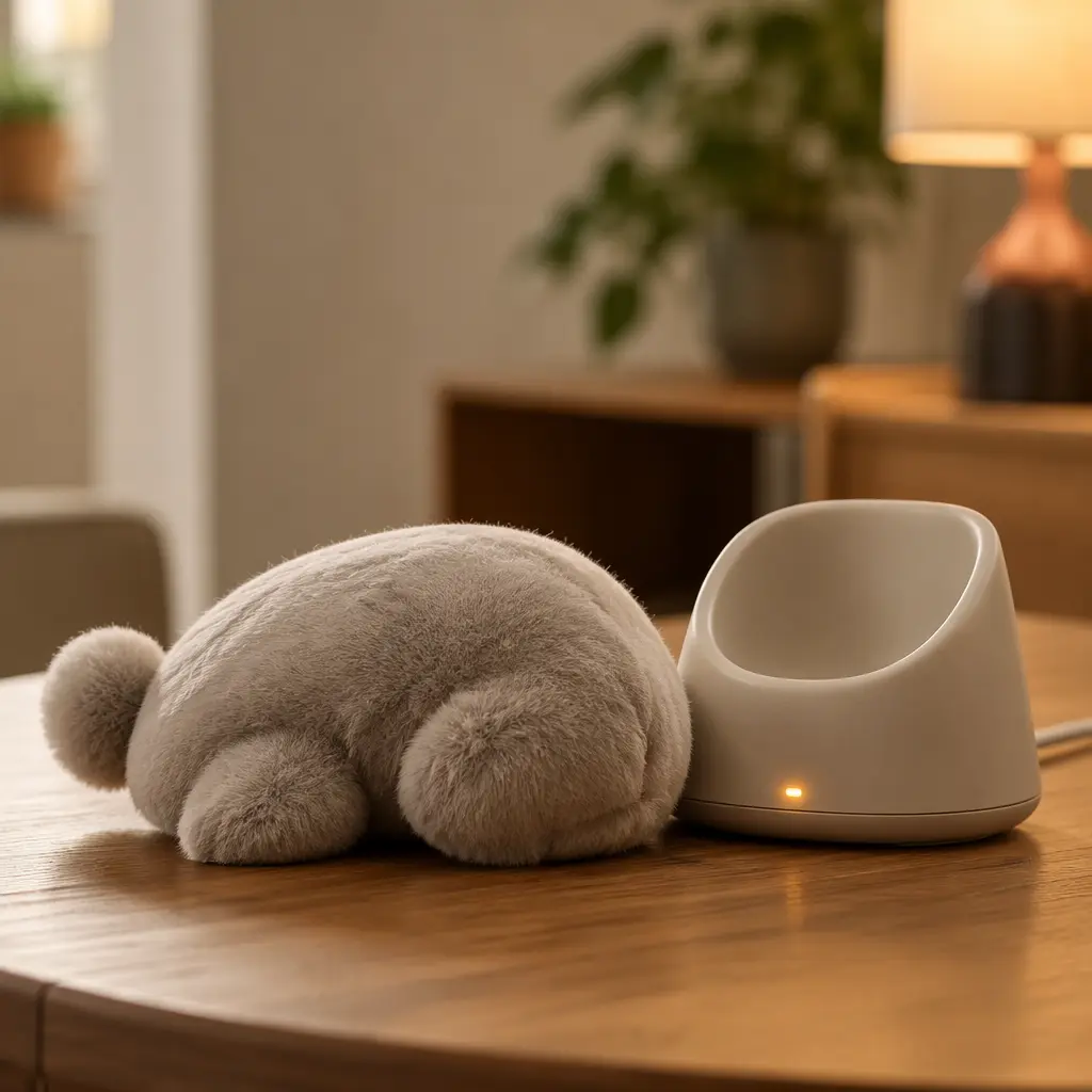 A small furry AI companion plush resting beside its charging cradle in soft natural light.