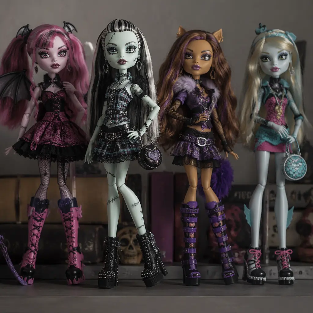 Monster-inspired fashion dolls posed together on a shelf with colorful outfits and accessories