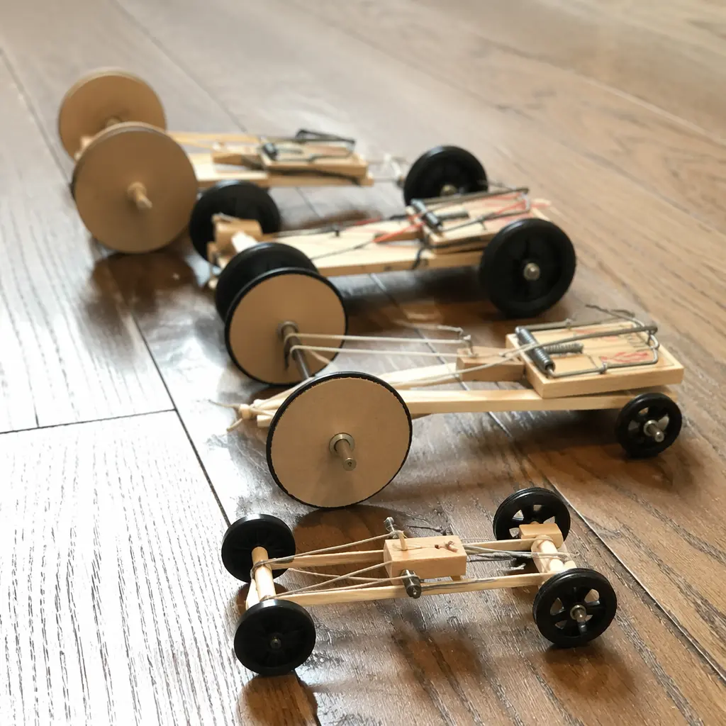 Different homemade mousetrap-powered racers arranged on a wooden floor