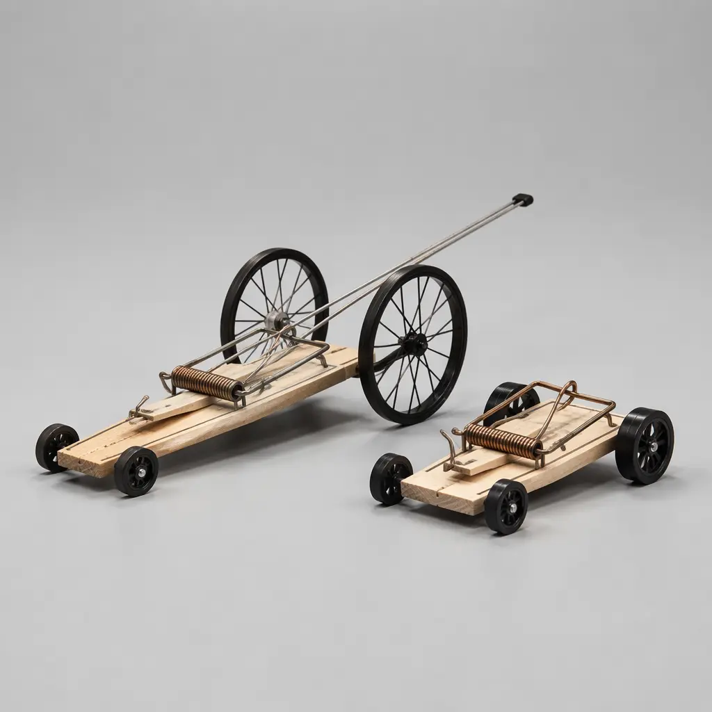 Two styles of mousetrap-powered racers designed for speed and distance