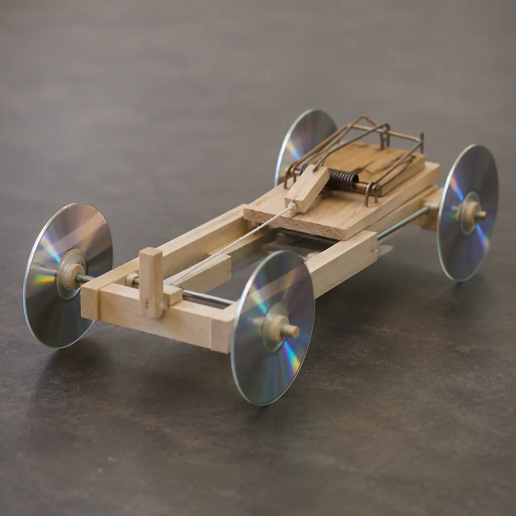 Handmade mousetrap-powered racer on a tabletop in soft studio lighting