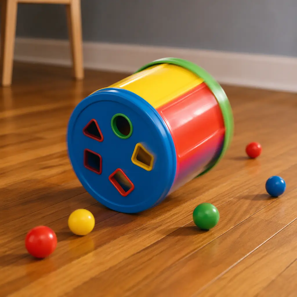 A colorful bucket-shaped children's game spilling small balls across a floor during play