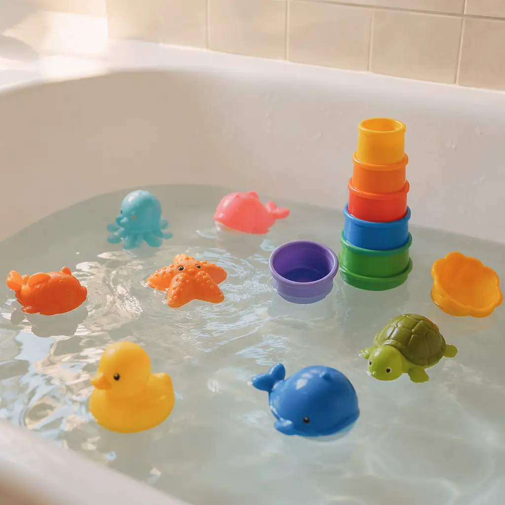 Floating bath squirters and stacking cups in a bathtub