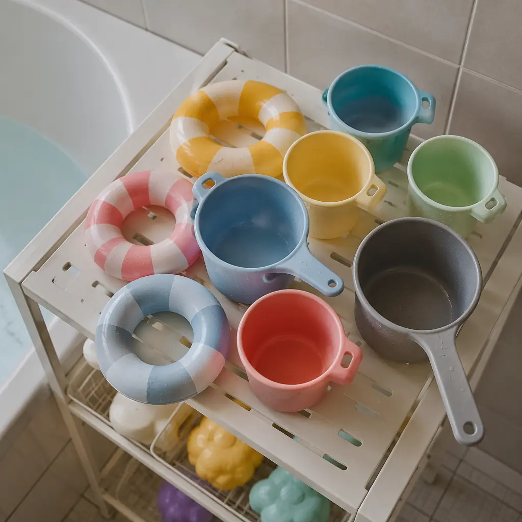Bath cups and floating toys drying on a bathroom shelf