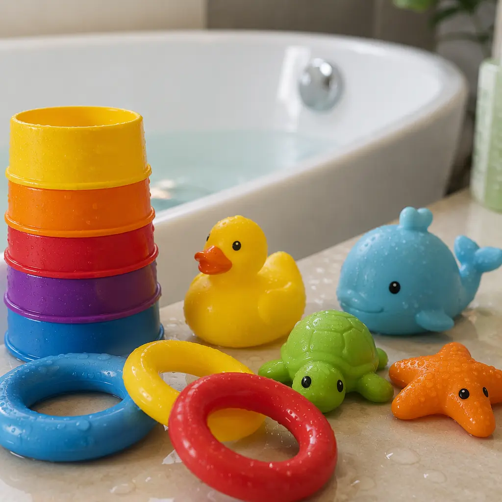 Colorful bath toys arranged beside a bathtub in soft natural light