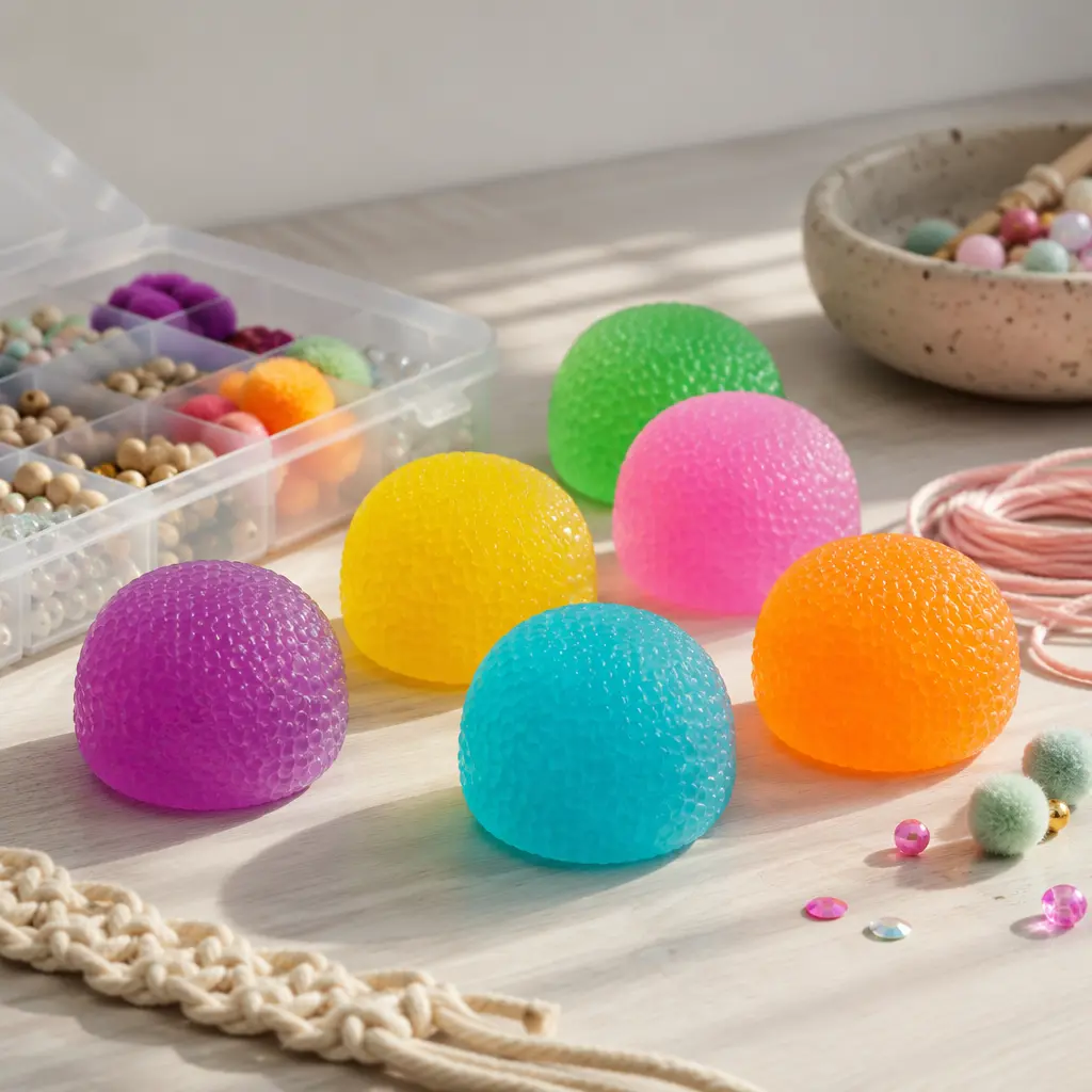 Colorful gumdrop-shaped sensory toys on a tabletop in natural light