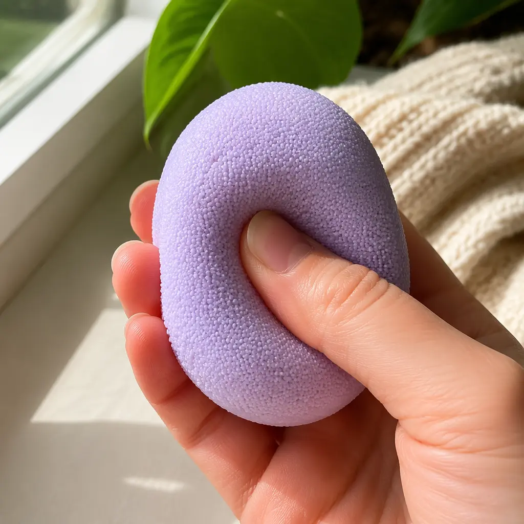 A pastel gumdrop-shaped sensory toy being squeezed near a sunny window