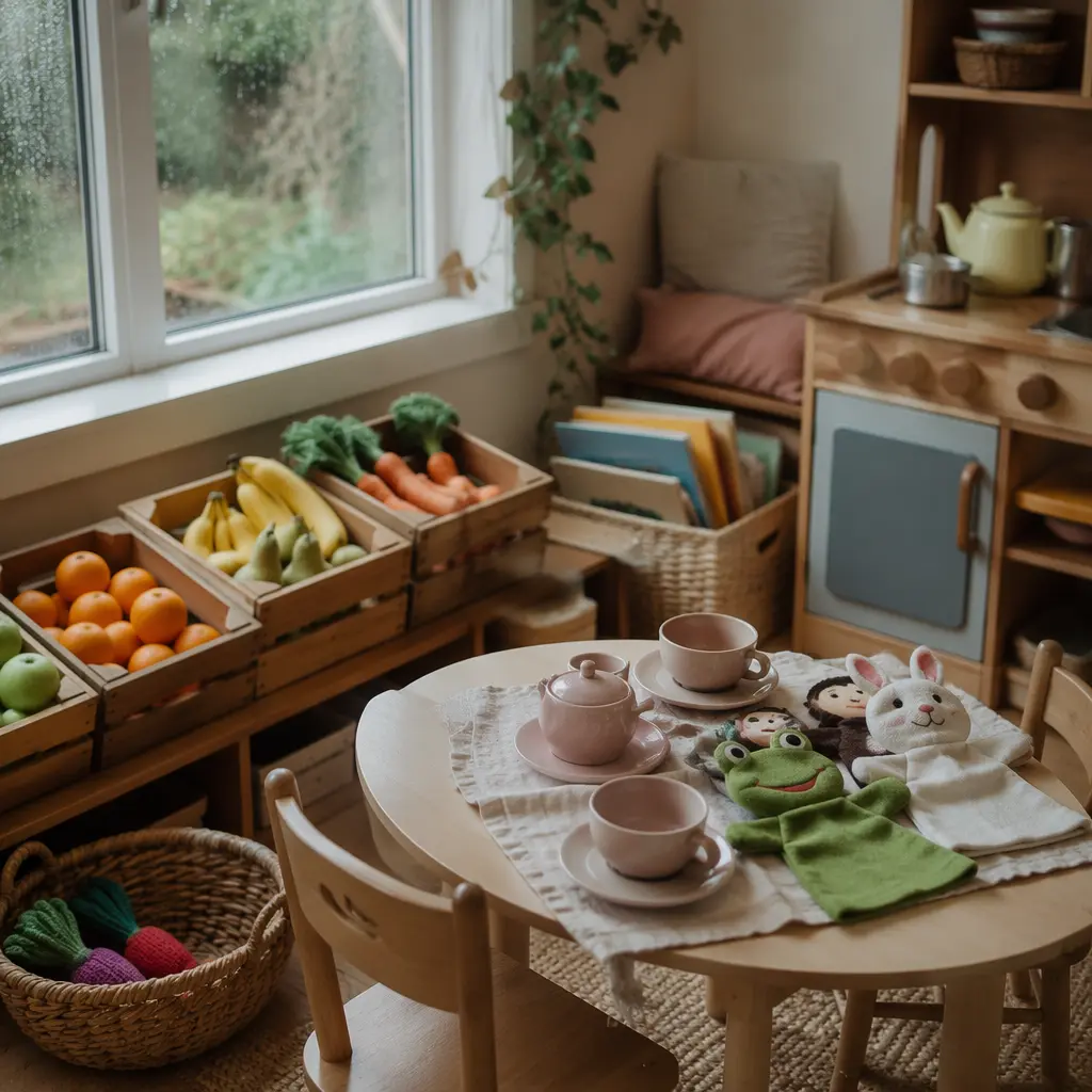 Pretend play corner with toy kitchen and puppets in soft natural light
