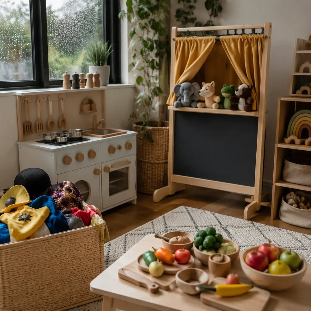 Screen-free pretend play toys arranged in a cozy preschool playroom