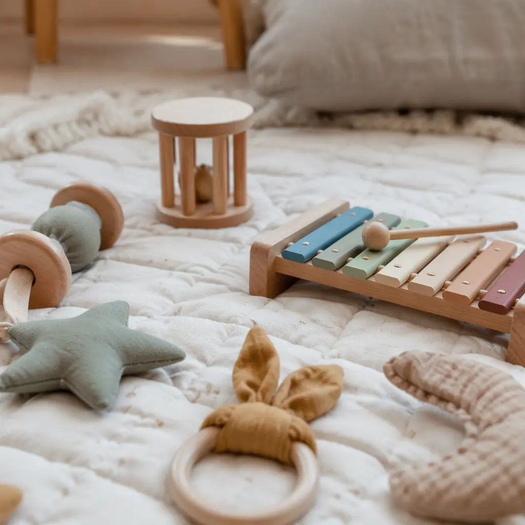 Close-up of simple baby music toys on a play mat