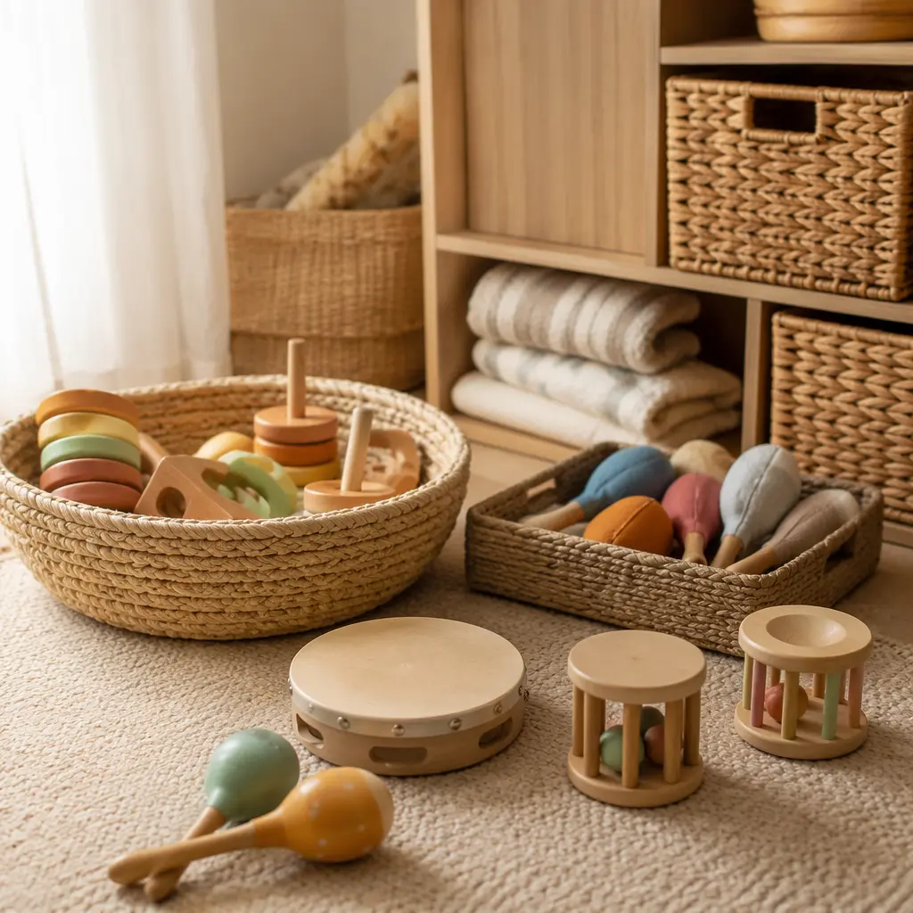 Offline baby music toys stored neatly in a calm play corner