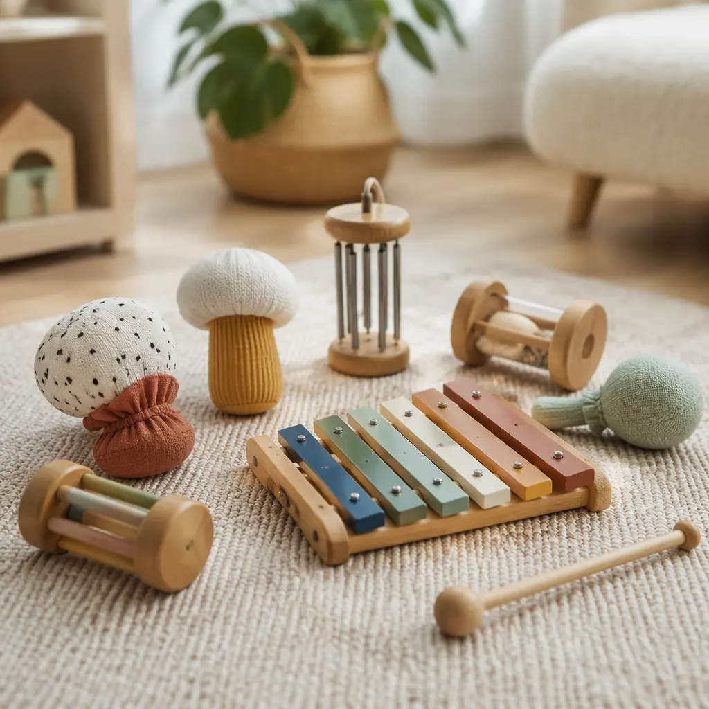 Offline baby music toys arranged on a nursery rug in soft natural light