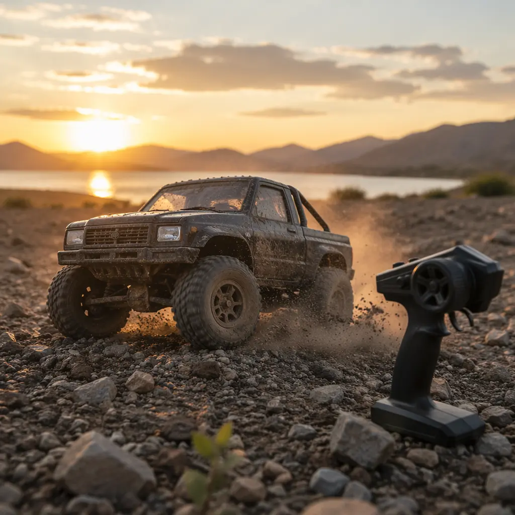 RC off-road truck driving on gravel with a traditional controller nearby