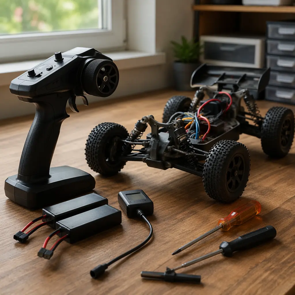 RC buggy and handheld controller with batteries and tools on a table