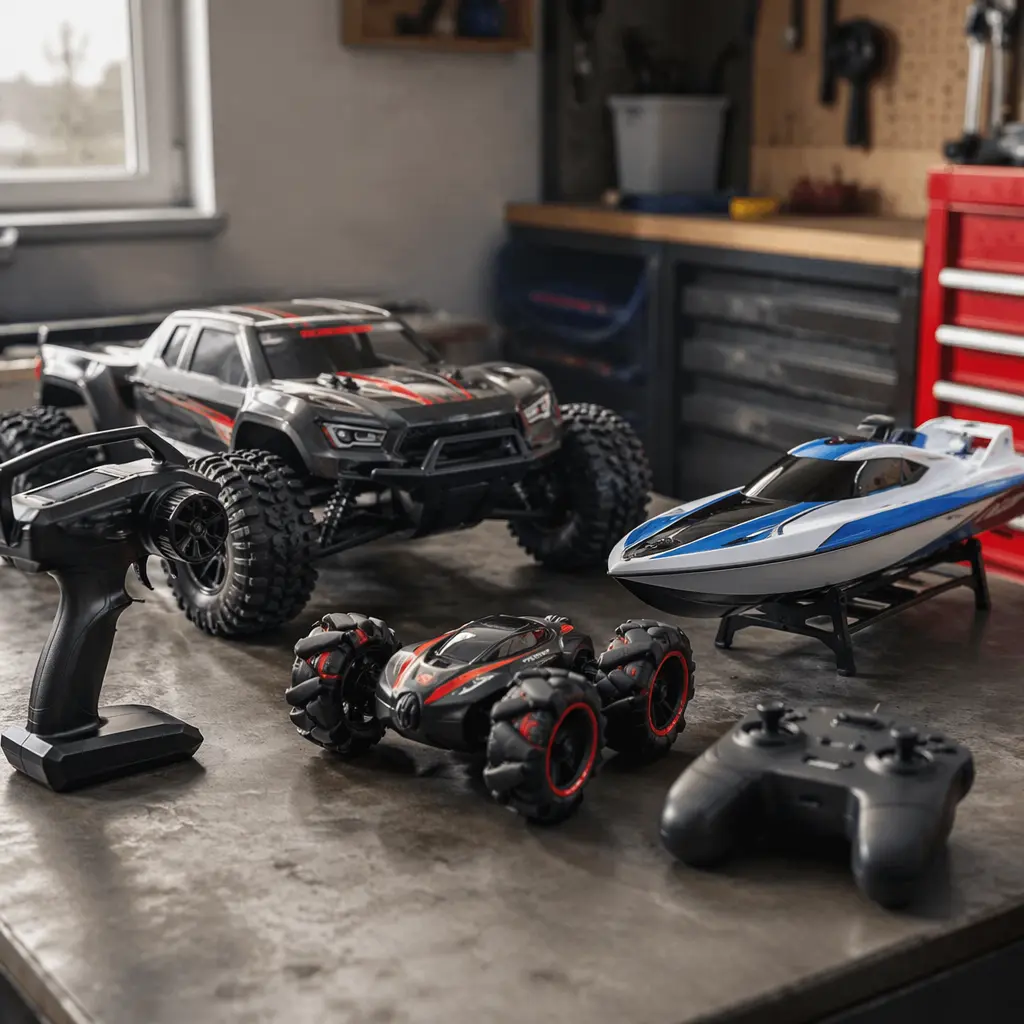Modern remote-control toys with handheld controllers on a workbench
