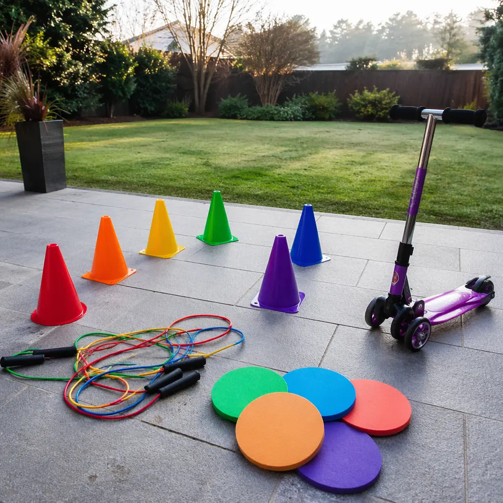 Outdoor play equipment arranged beside a backyard patio