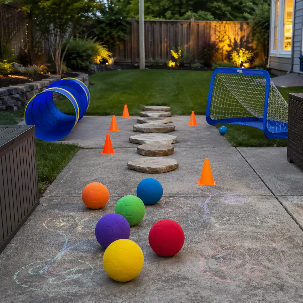 Backyard obstacle course with active play equipment