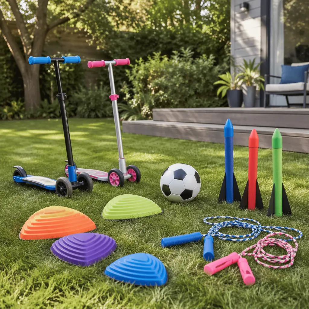 Classic outdoor toys arranged on grass in a backyard setting