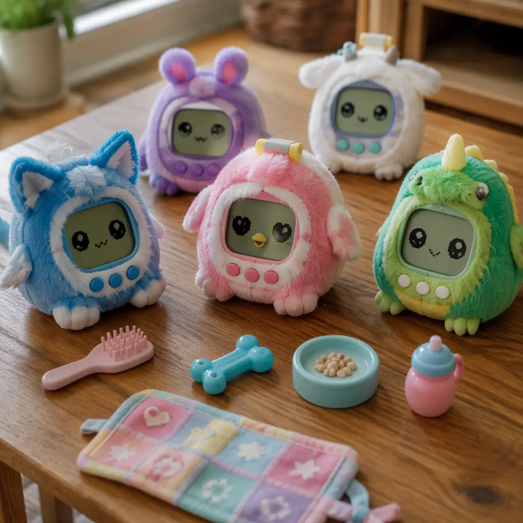 Electronic plush toy pets arranged on a wooden tabletop in natural light.