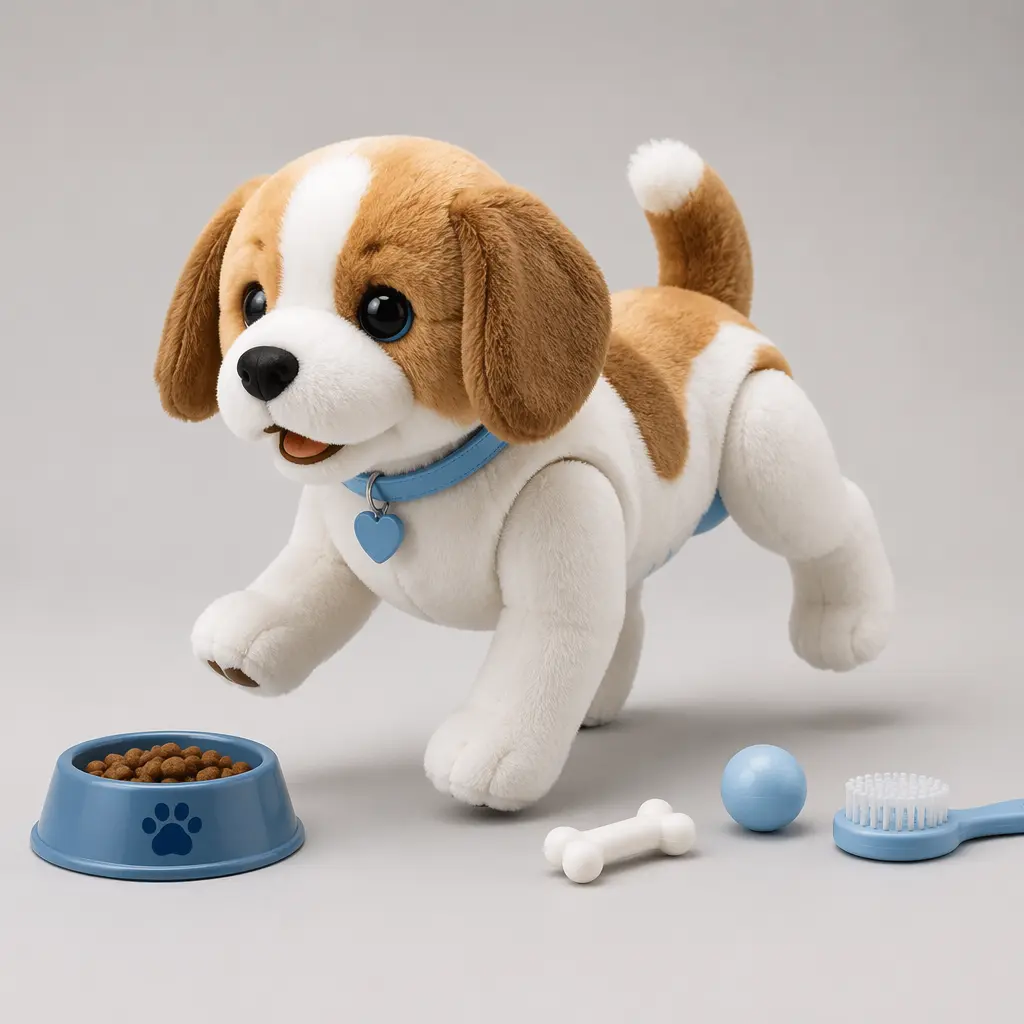 An interactive toy puppy posed with small toy accessories in a clean studio setting.