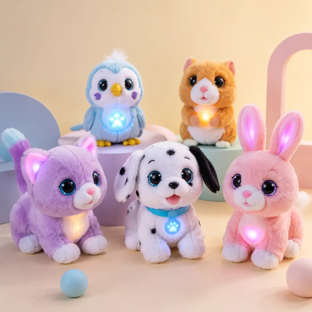 A group of colorful interactive toy pets displayed on a pastel studio surface under soft lighting.
