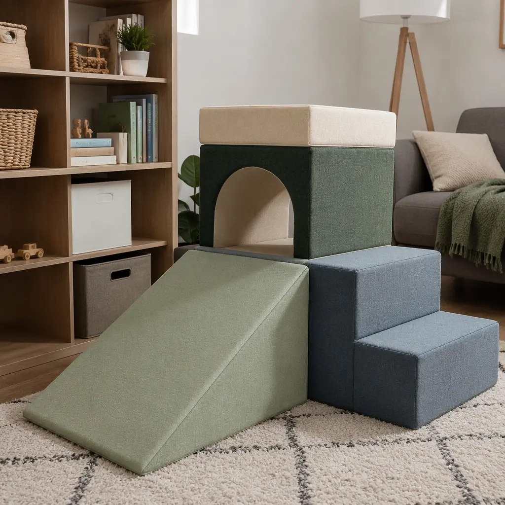 Foam play couch arranged for climbing in a small apartment