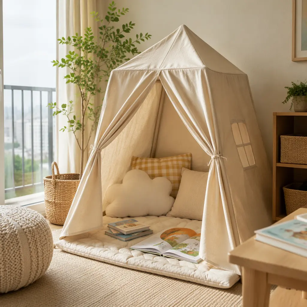 Indoor fabric play tent set up as a quiet reading corner