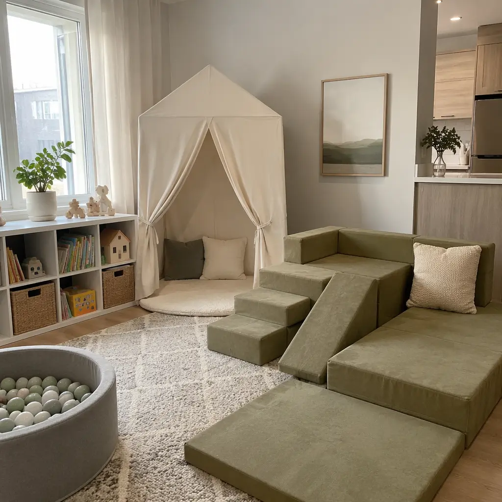 Modular play couch and fabric indoor tent in a small apartment play area