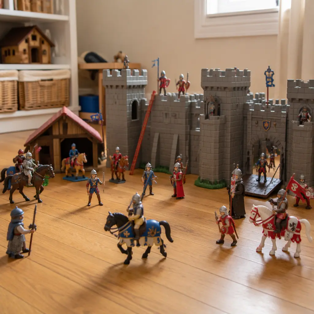 Medieval-themed toy figures and castle accessories arranged in a play scene