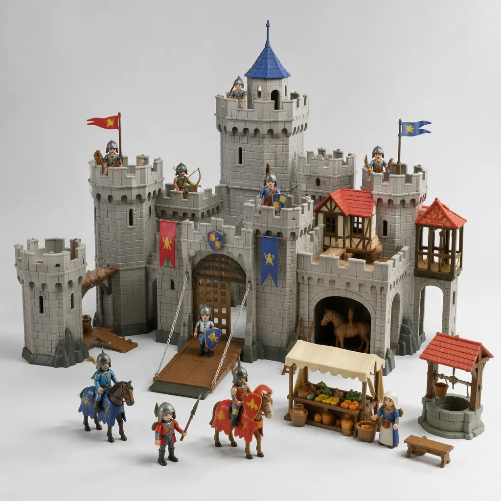 Modular medieval toy castle with knight figures and accessories
