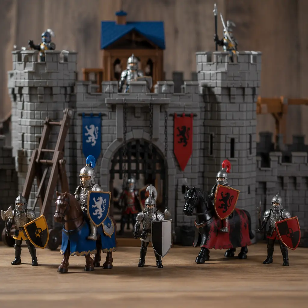 Plastic medieval knight toys and castle playset arranged on a tabletop