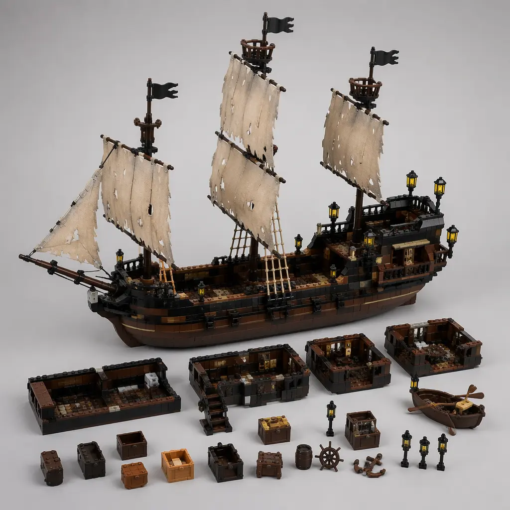 Plastic pirate ship toy with detailed deck accessories and removable sections