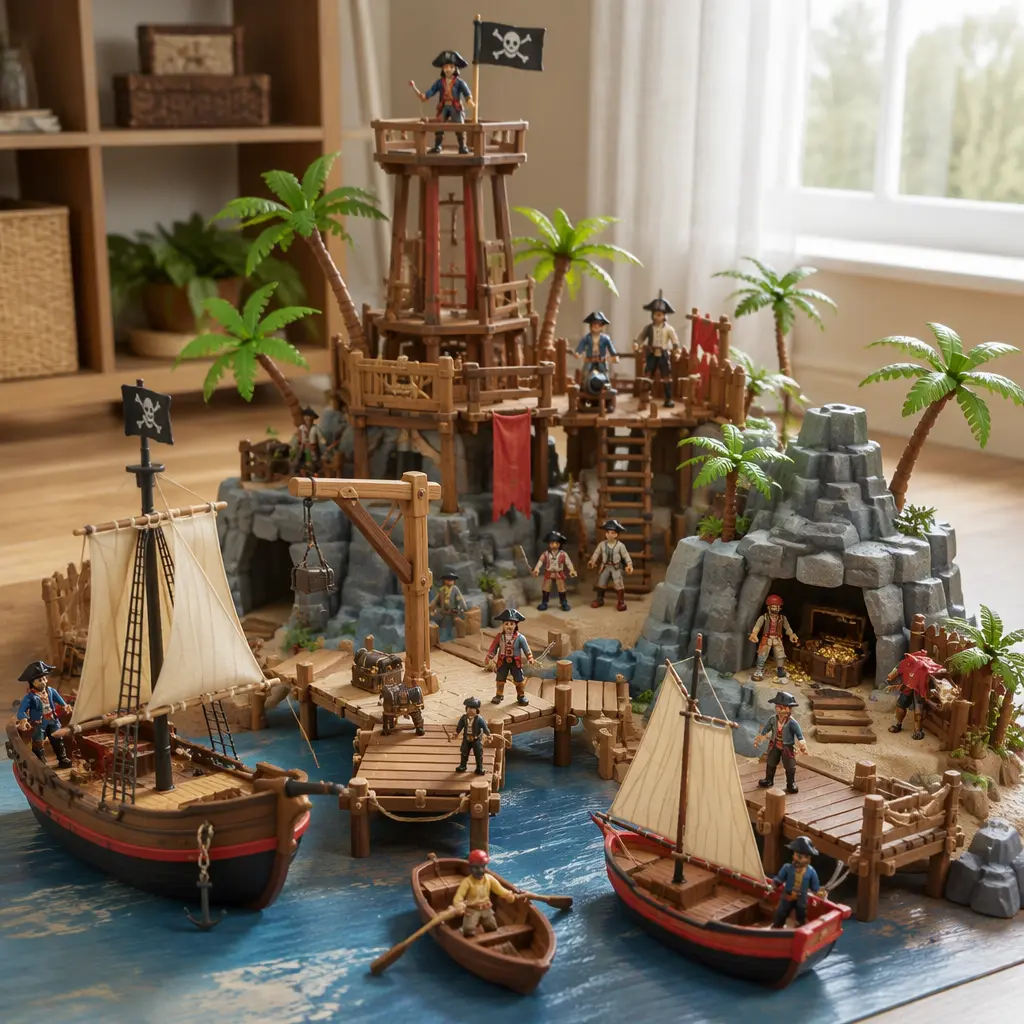 Pirate harbor toy scene with docks, boats, treasure accessories, and miniature figures