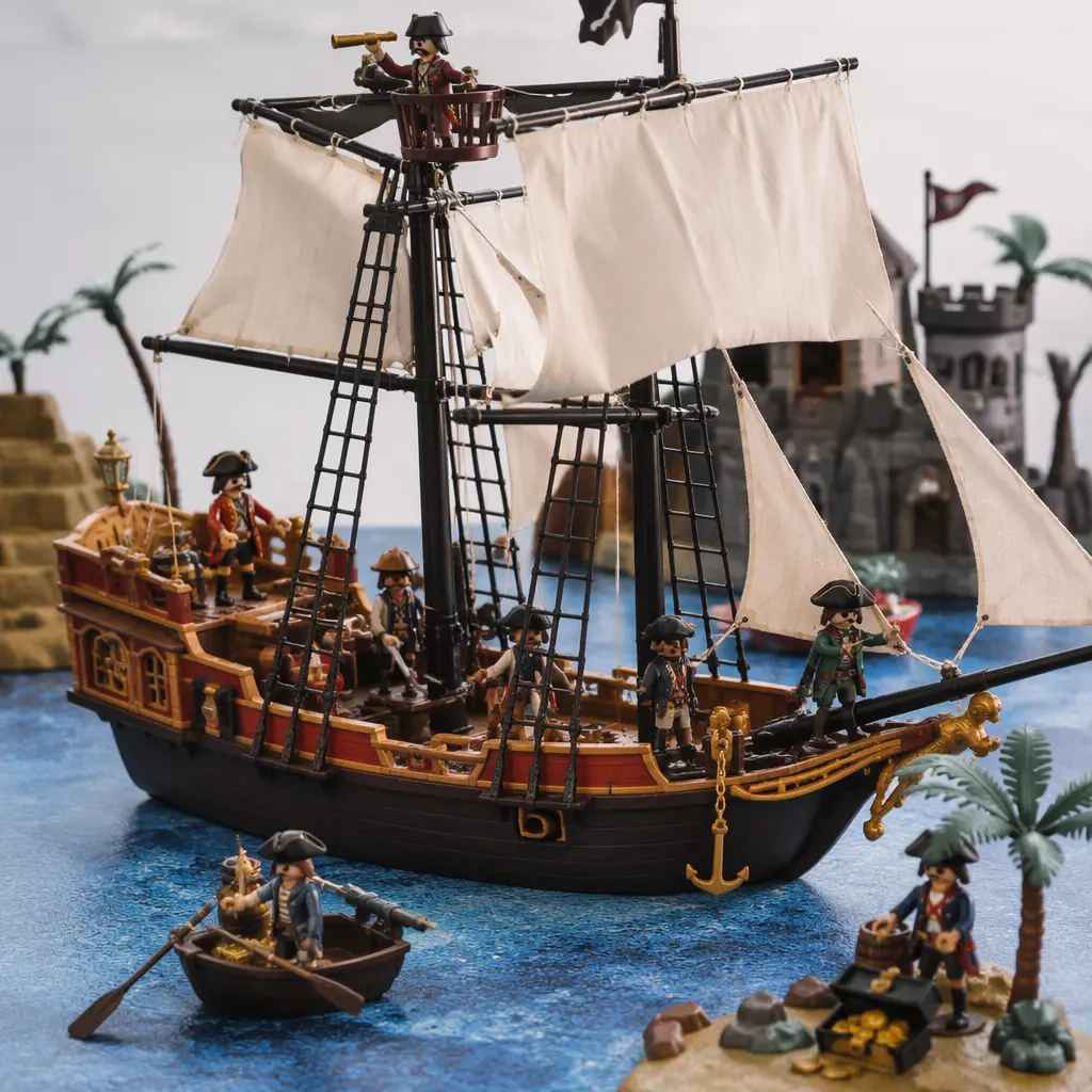 Detailed pirate ship toy with small figures and treasure accessories in a nautical play scene